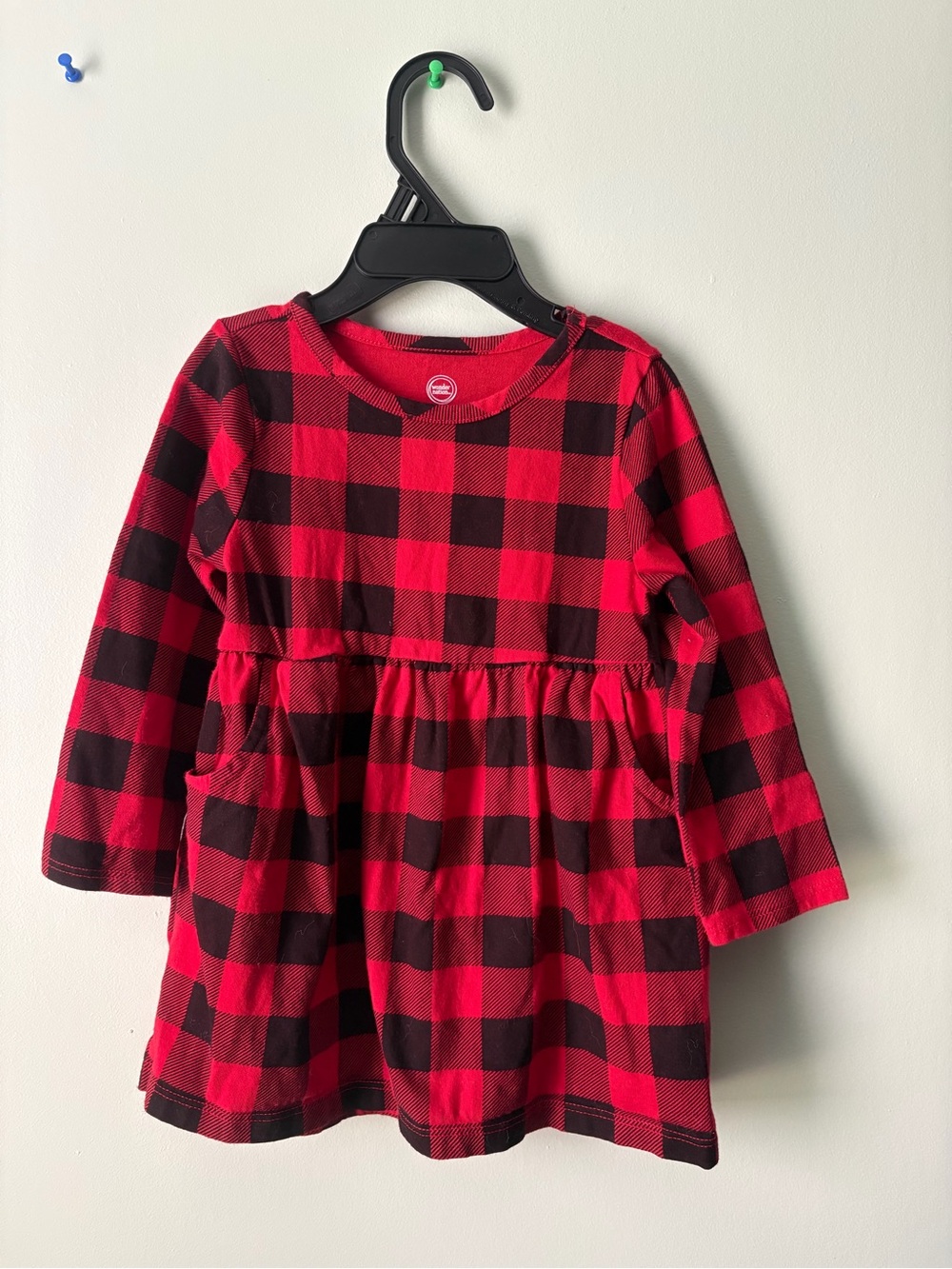 Red and Black Buffalo Plaid Long Sleeve Dress With Pockets 18M